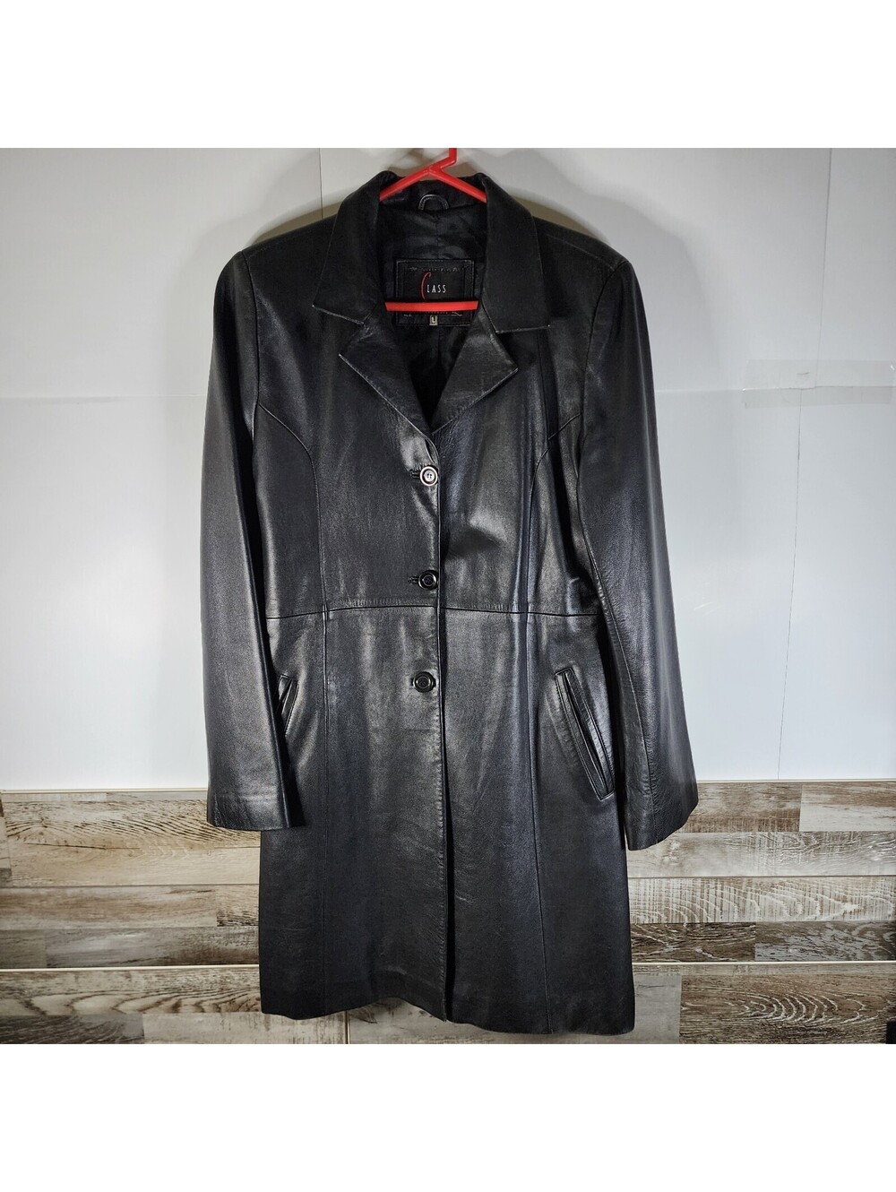 Vintage Womens Black Leather Mid Length Jacket Size Large Petite - Class Inter